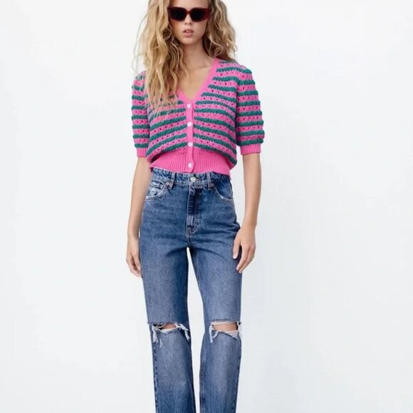 BLOGGER'S FAVE! Zara Striped Knit Jacket Button Up Sweater Pink Green NWT - Picture 10 of 12